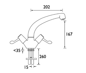 deck mounted lever operated monobloc mixer tap with quarter turn on/off action dimensions
