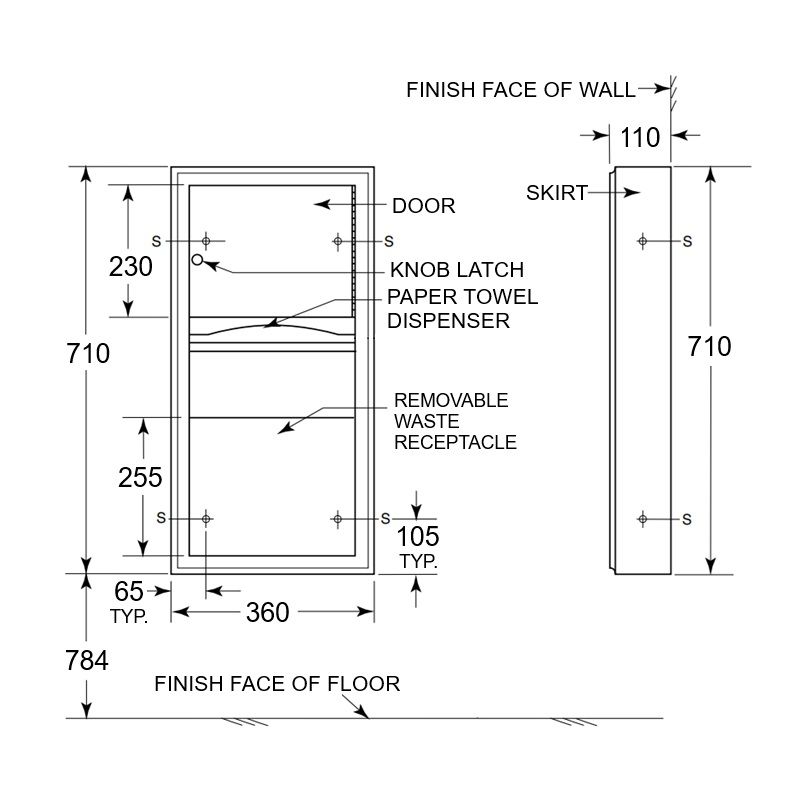Bobrick Wall Mounted Paper Towel Dispenser & Waste Bin