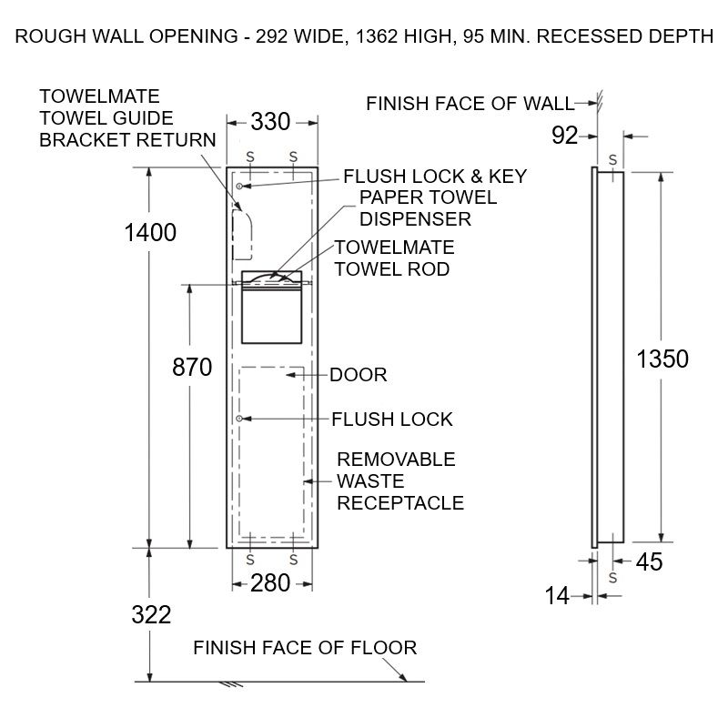 Bobrick Recessed Paper Towel Dispenser & 14.4L Waste Bin