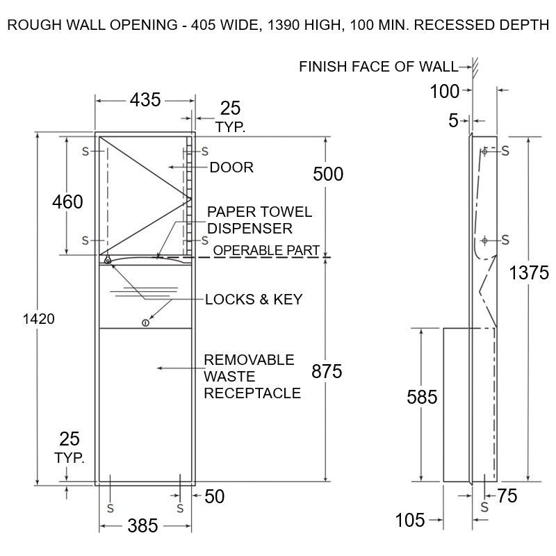 Bobrick Recessed Paper Towel Dispenser & 45.5L Waste Bin