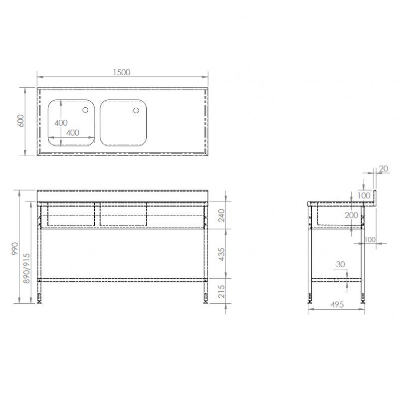 CATERING SINK - DOUBLE BOWL, SINGLE DRAINER, 1500MM LONG