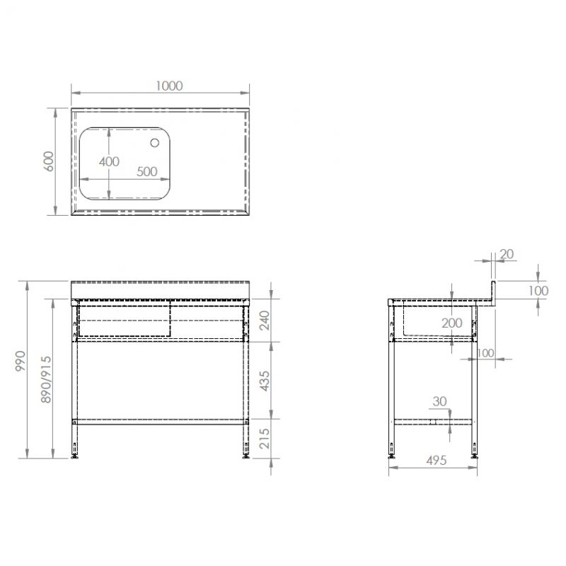 CATERING SINK - SINGLE BOWL, SINGLE DRAINER, 1000MM LONG