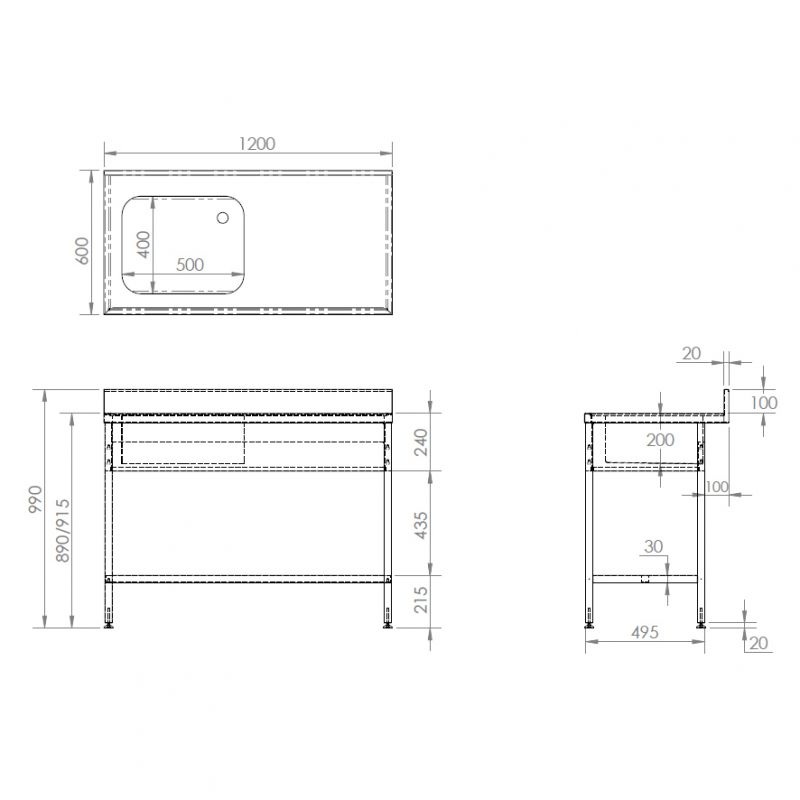 CATERING SINK - SINGLE BOWL, SINGLE DRAINER, 1200MM LONG