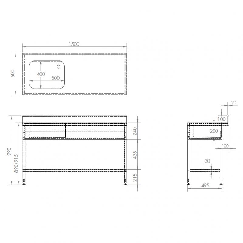 CATERING SINK - SINGLE BOWL, SINGLE DRAINER, 1500MM LONG