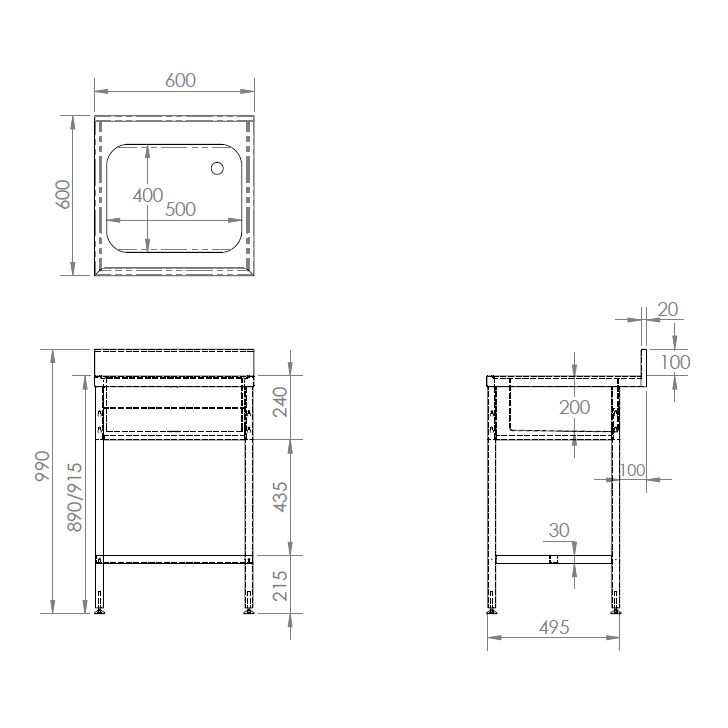 CATERING SINK - SINGLE BOWL, NO DRAINER, 600MM LONG