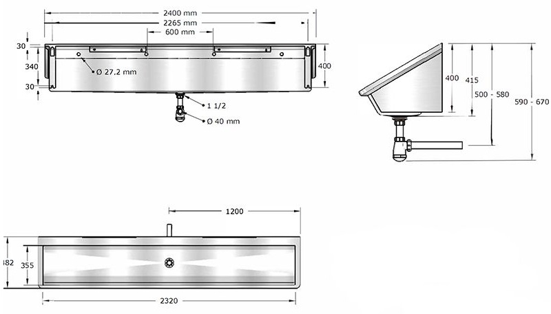 stainless steel wash trough with splashback for wall mounted taps