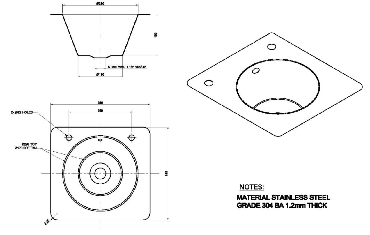 large stainless steel inset wash basin with tap holes