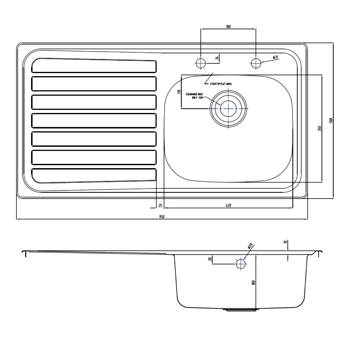 Inset Sink Top With Bowl And Left Hand Drainer