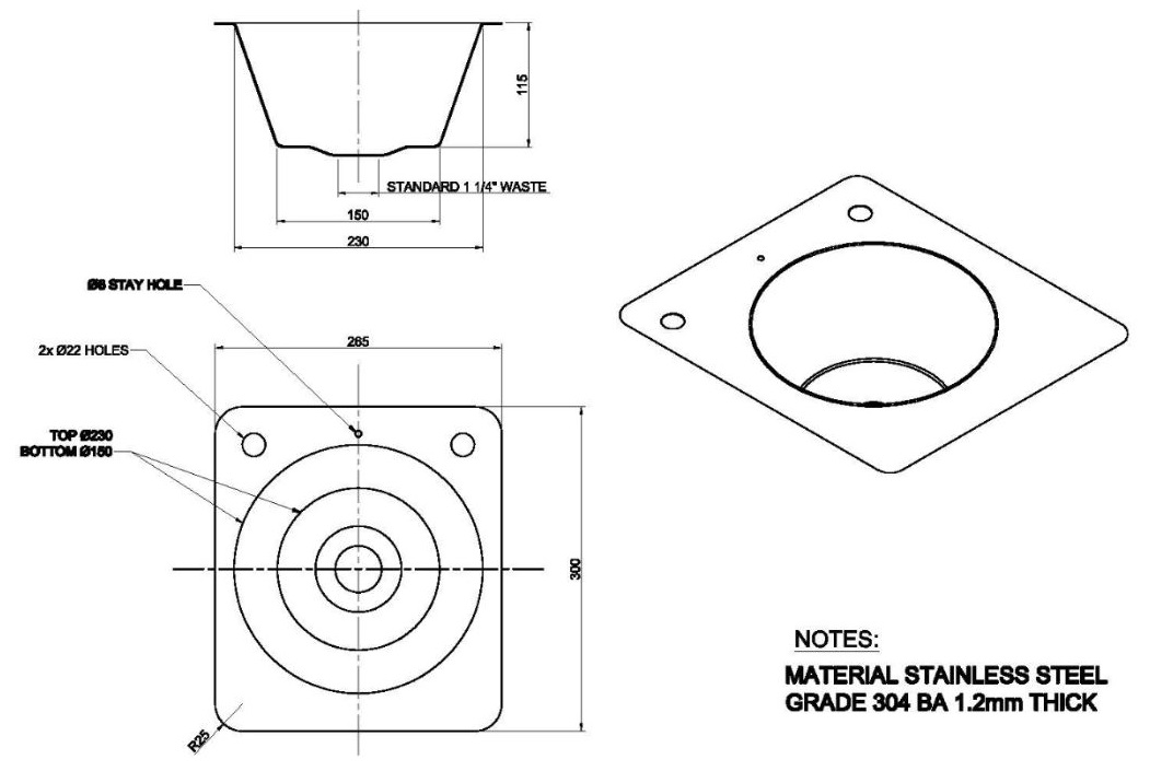 stainless steel inset wash basin with tap holes