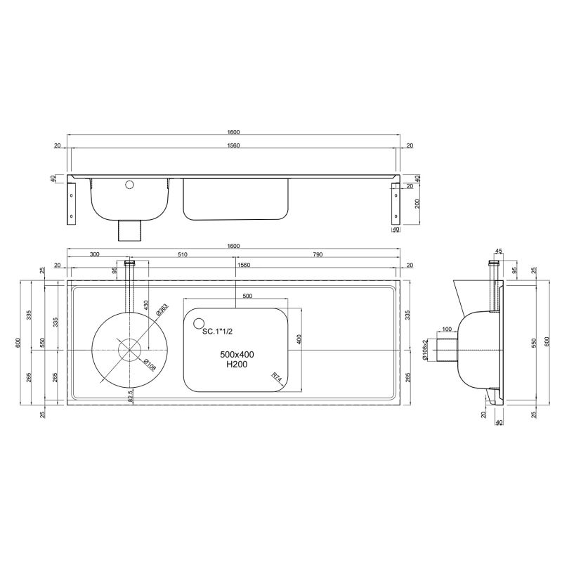 DUHS Sluice Sink with Central Sink Bowl & Drainer - 1600mm DUHS Sluice Sink with Central Sink Bowl & Drainer - 1600mm