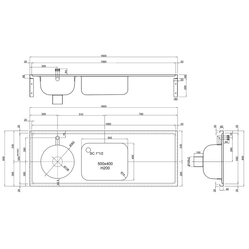 DUHS Sluice Sink with Central Sink Bowl & Drainer - 1600mm DUHS Sluice Sink with Central Sink Bowl & Drainer - 1600mm