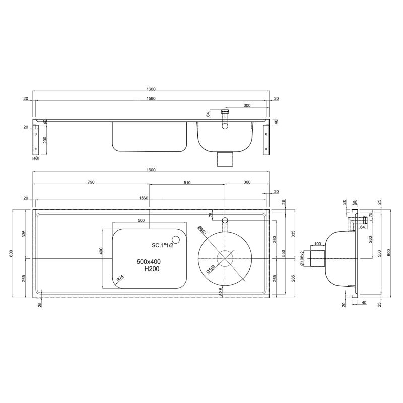 DUHS Sluice Sink with Central Sink Bowl & Drainer - 1600mm DUHS Sluice Sink with Central Sink Bowl & Drainer - 1600mm