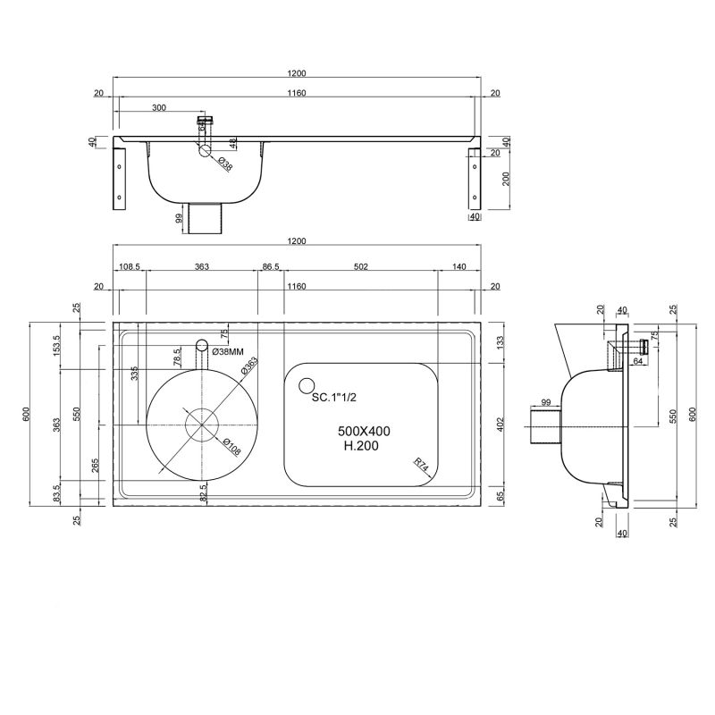 Top Entry Sluice Sink with Sink Bowl - 1200mm