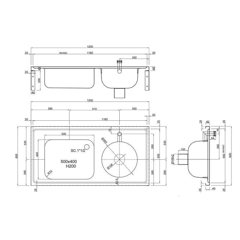 Top Entry Sluice Sink with Sink Bowl - 1200mm