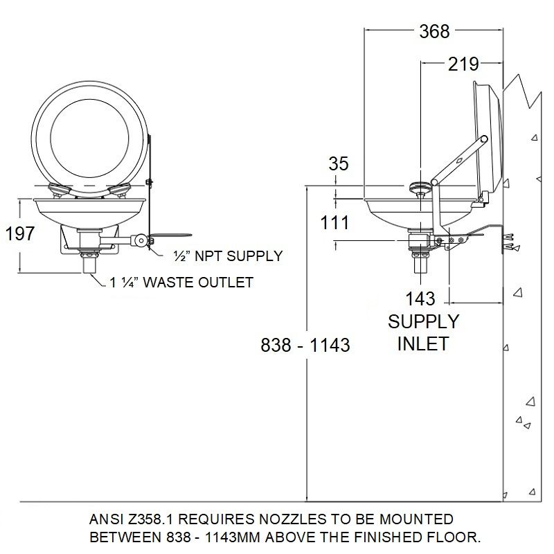 Wall Mounted Eye Wash with Stainless Steel Bowl and Lid