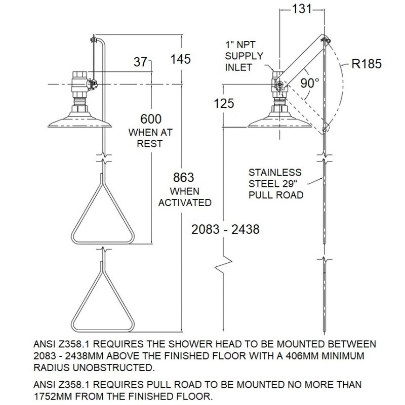 Drench Shower - Vertical, Plastic Head
