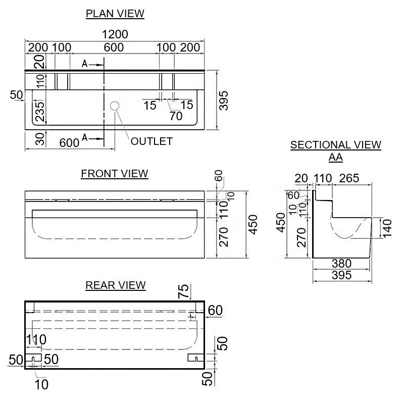GRP Wall Mounted Wash Trough, 1200mm Long