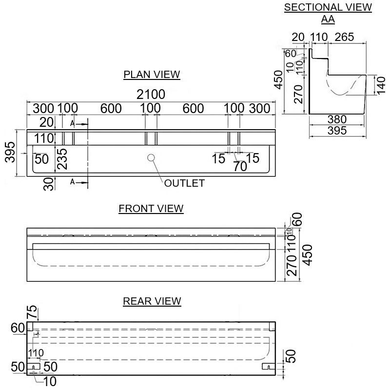 GRP Wall Mounted Wash Trough, 2100mm Long