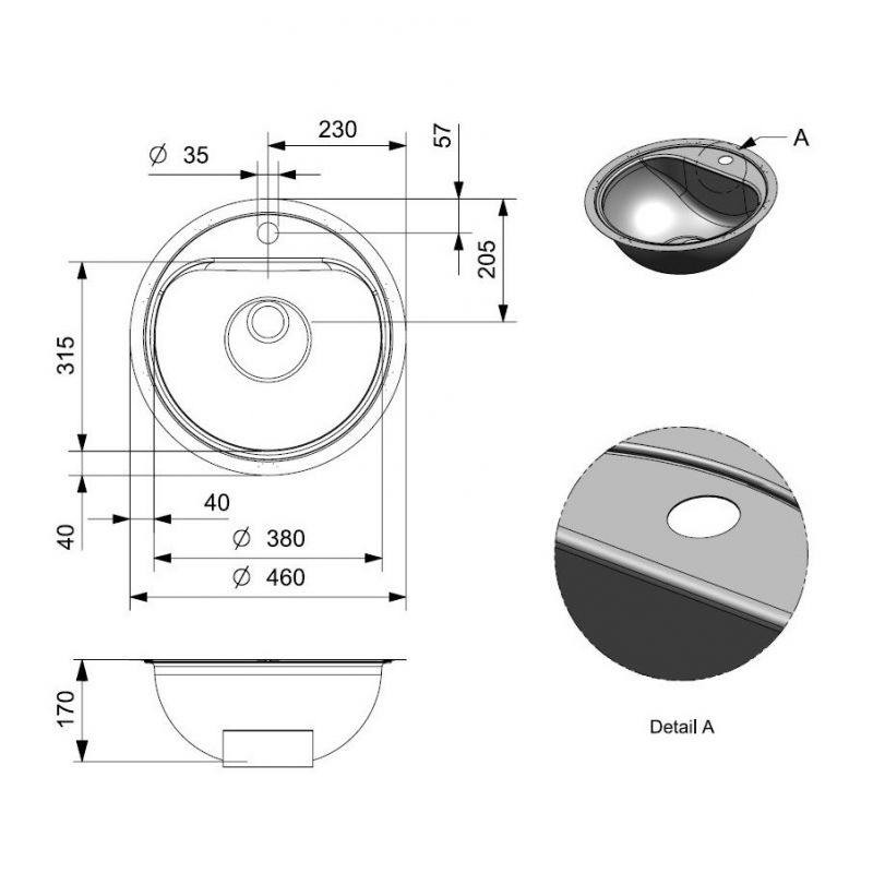Inset D Shape Sink, No Overflow, Single Tap Hole Inset D Shape Sink, No Overflow, Single Tap Hole