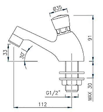 non-concussive vandal resistant basin tap with time flow control dimensions